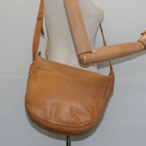 LOEWE Anagram Shoulder Bag Leather Brown Gold Auth - Picture 15 of 16